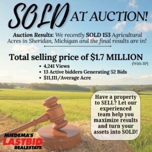 Sold at auction sign for 153 acres of agricultural land in Sheridan, Michigan, sold for $1.7 million by LASTBIDrealestate