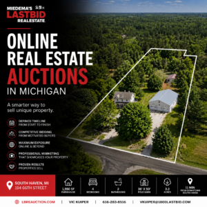 Online real estate auction property in South Haven, Michigan featuring a farmhouse, pole barn and acreage